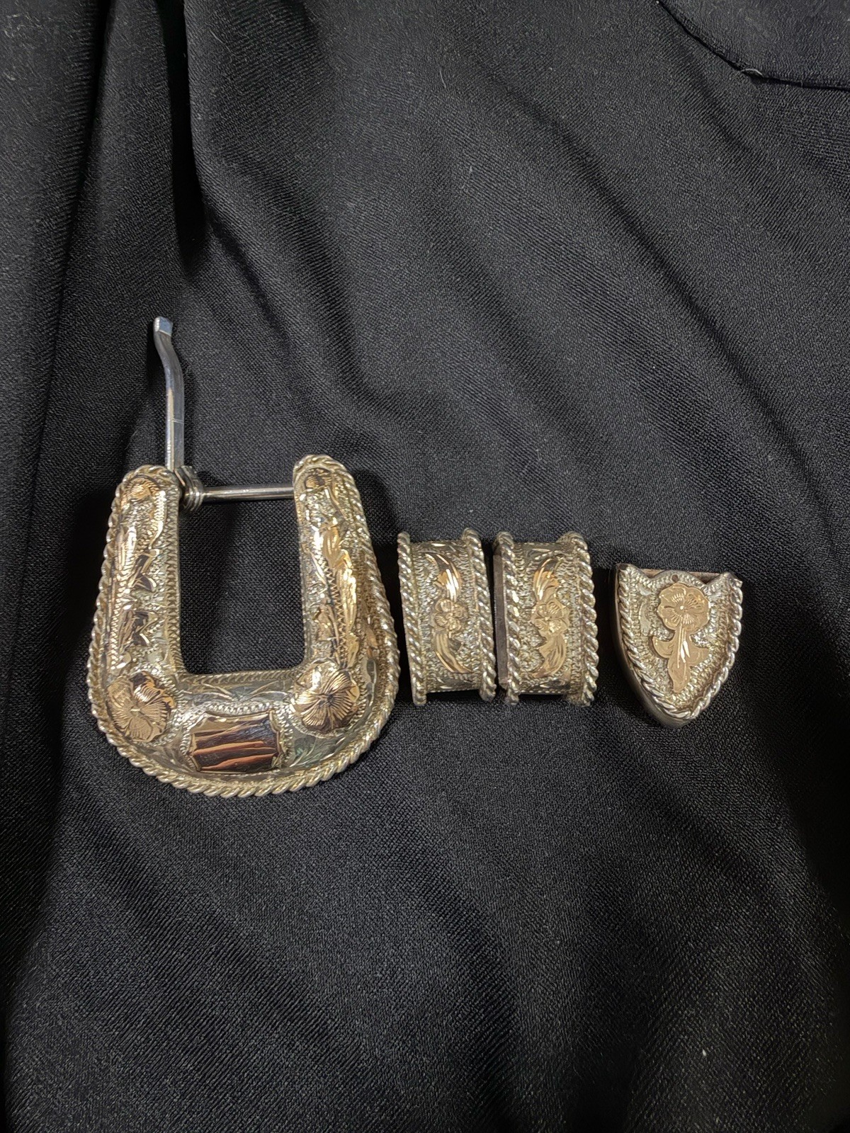 Sterling Silver 10K Gold Overlay Western 4 Pc Belt Buckle Set GN34 Mexico
