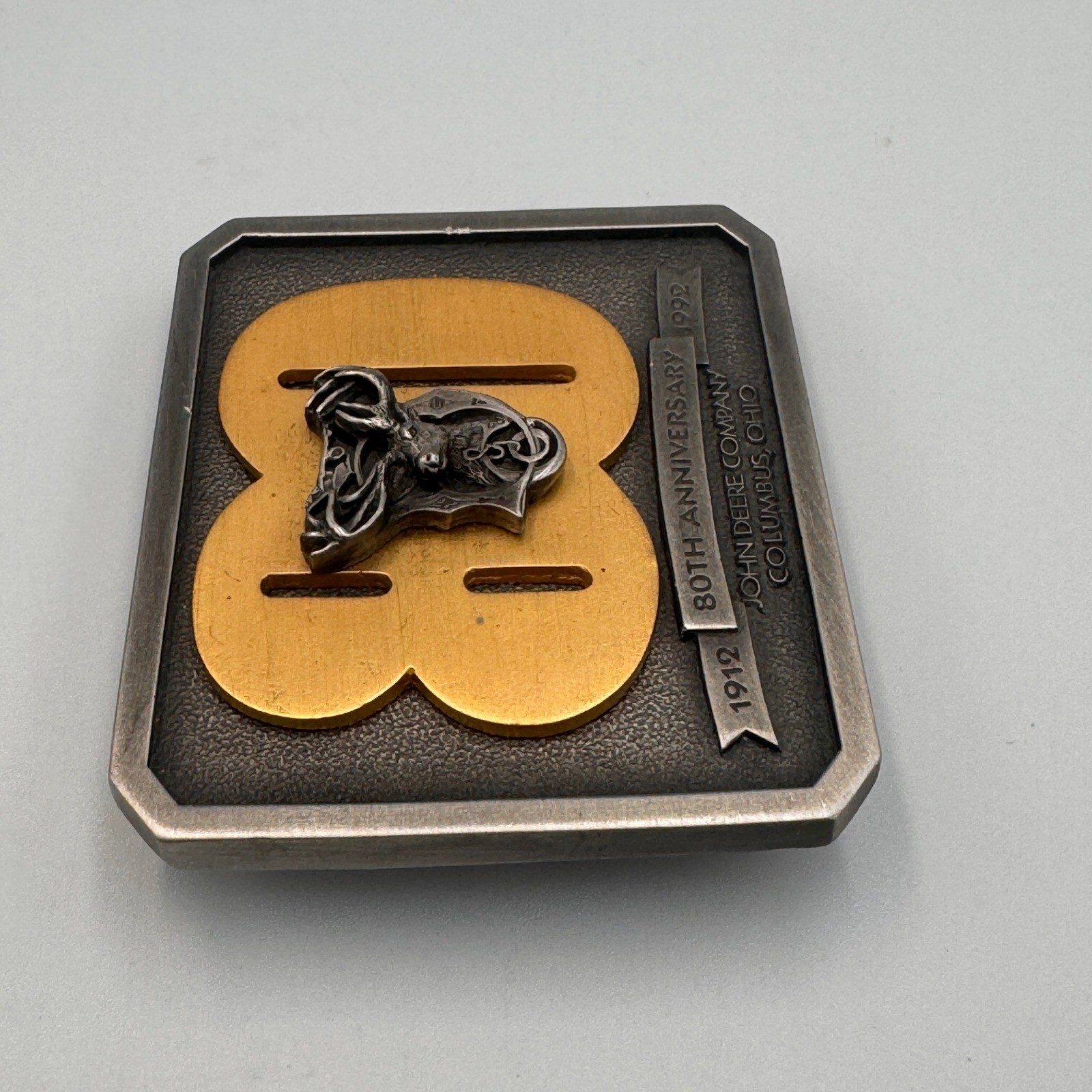 Vintage John Deere 80th Anniversary Belt Buckle Columbus Ohio 1912-1992 #699