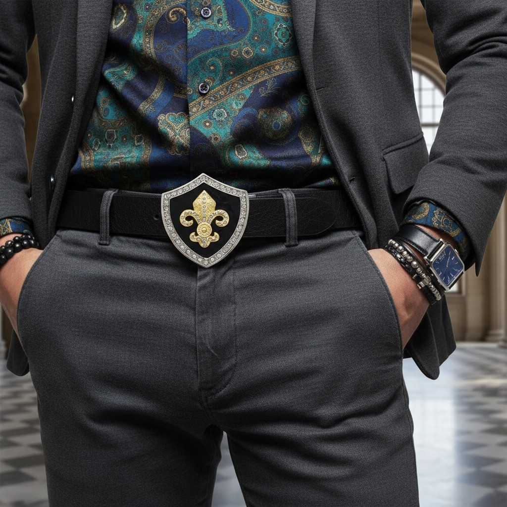 Men Belt Buckle Silver Metal Western Gold Fleur De Lys Lily French Symbol Flower