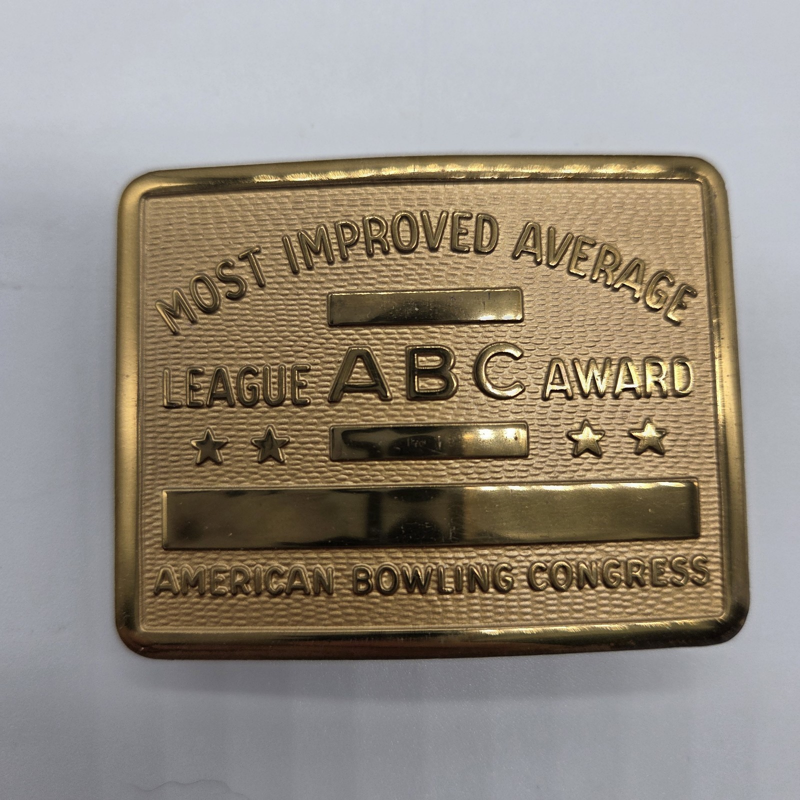 Vintage ABC Bowling League Award Brass Belt Buckle Most Improved Average