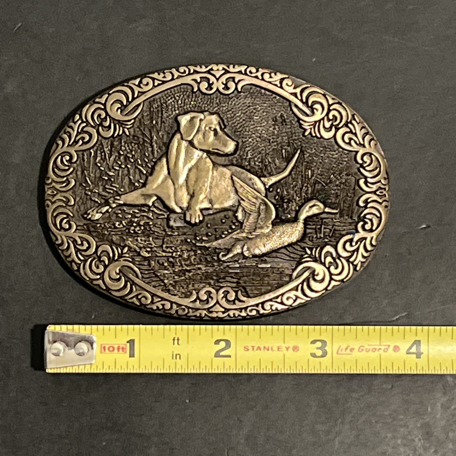 Solid Brass Hunting Scene Dog Lab and Duck Belt Buckle ADM Award Design Medals