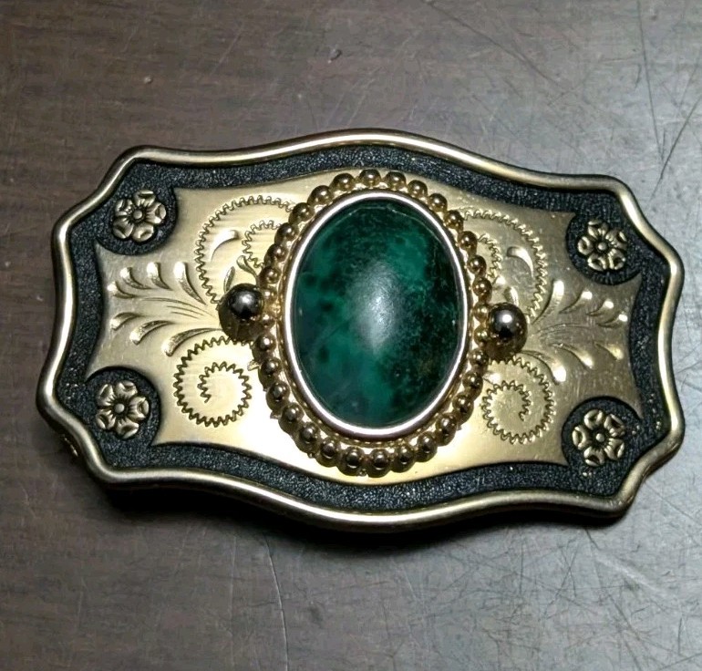 Vtg Southwestern Emerald Green Gem Stone Gold Tone With Black Belt Buckle