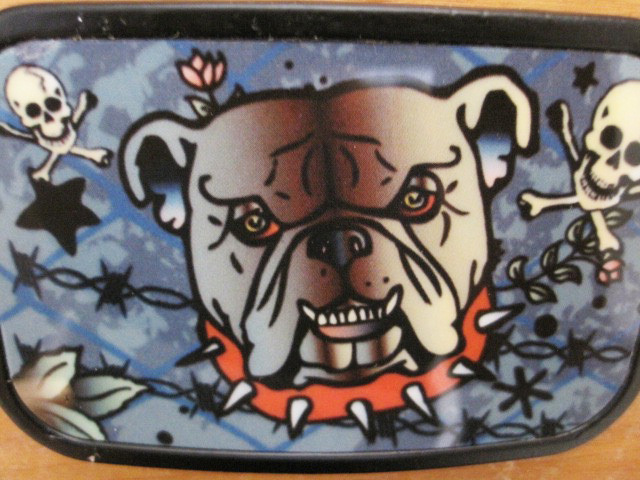 Belt Buckle Black Metal Bulldog with Spiked Collar and skull and crossbones