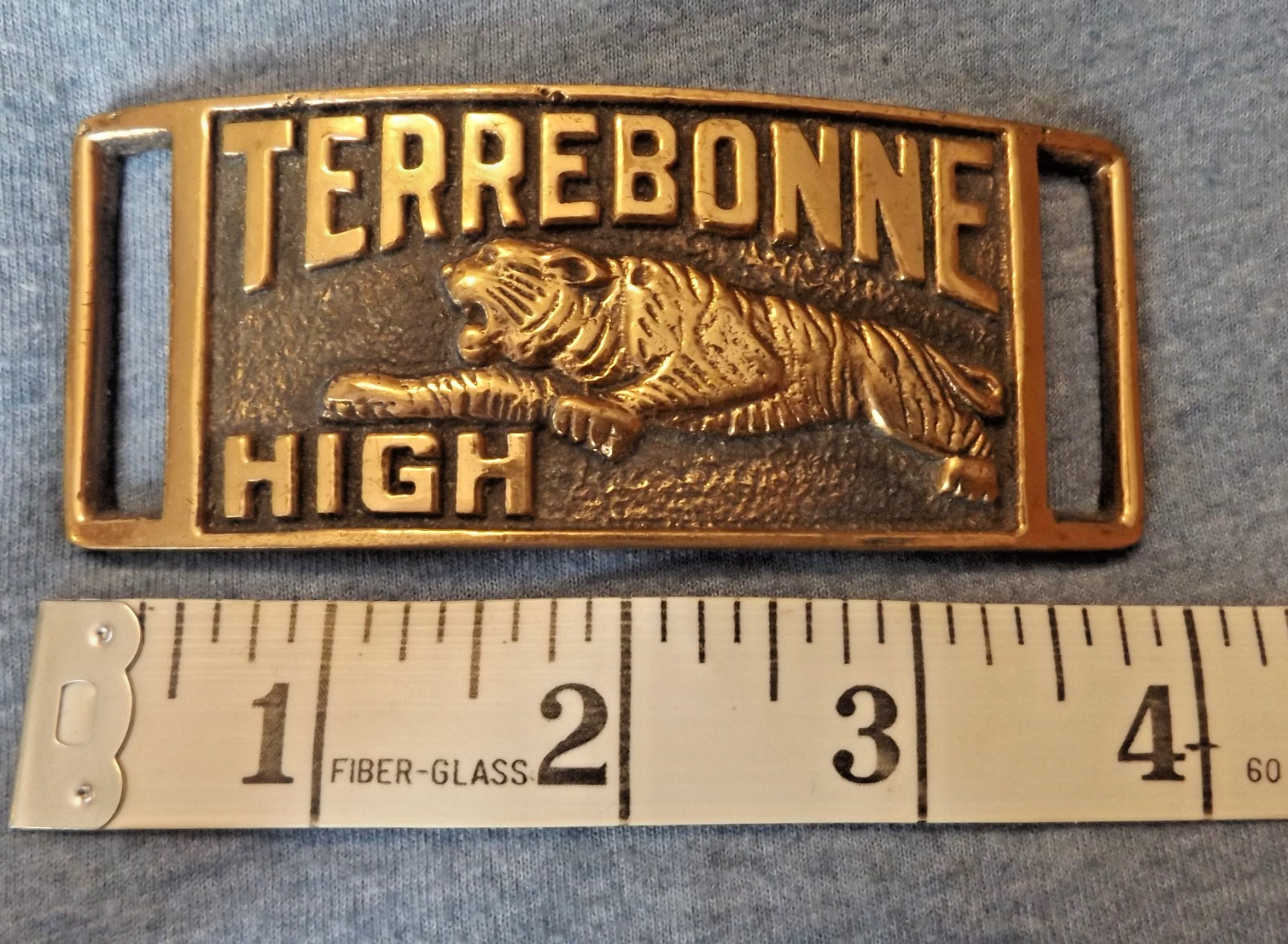 VINTAGE TERREBONNE HIGH SCHOOL BRASS BUCKLE « GO TIGERS » HOUMA,LOUISIANA