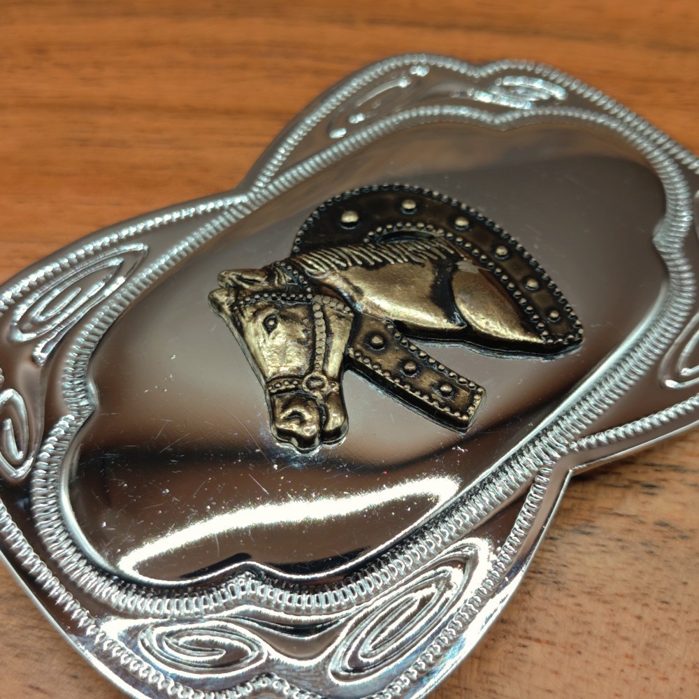 Vtg Western Engraved Style Horse Head Floral Scroll Cowboy Belt Buckle