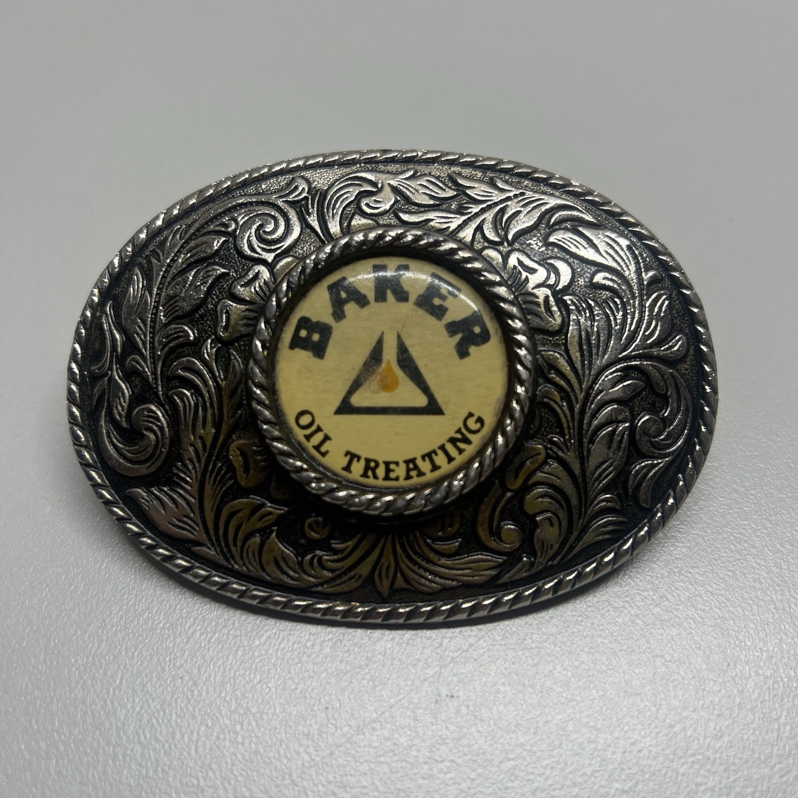 Baker Oil Treating Belt Buckle Vintage Western Floral Oval Silver Tone
