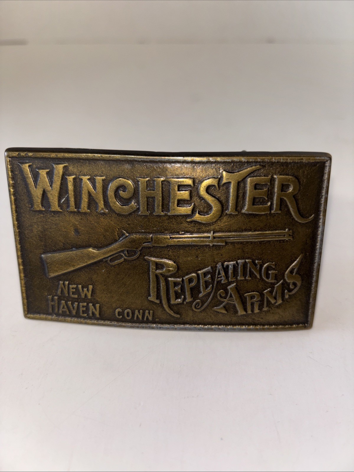Vintage Winchester Repeating Arms Brass Belt Buckle Rifle New Haven CT Western