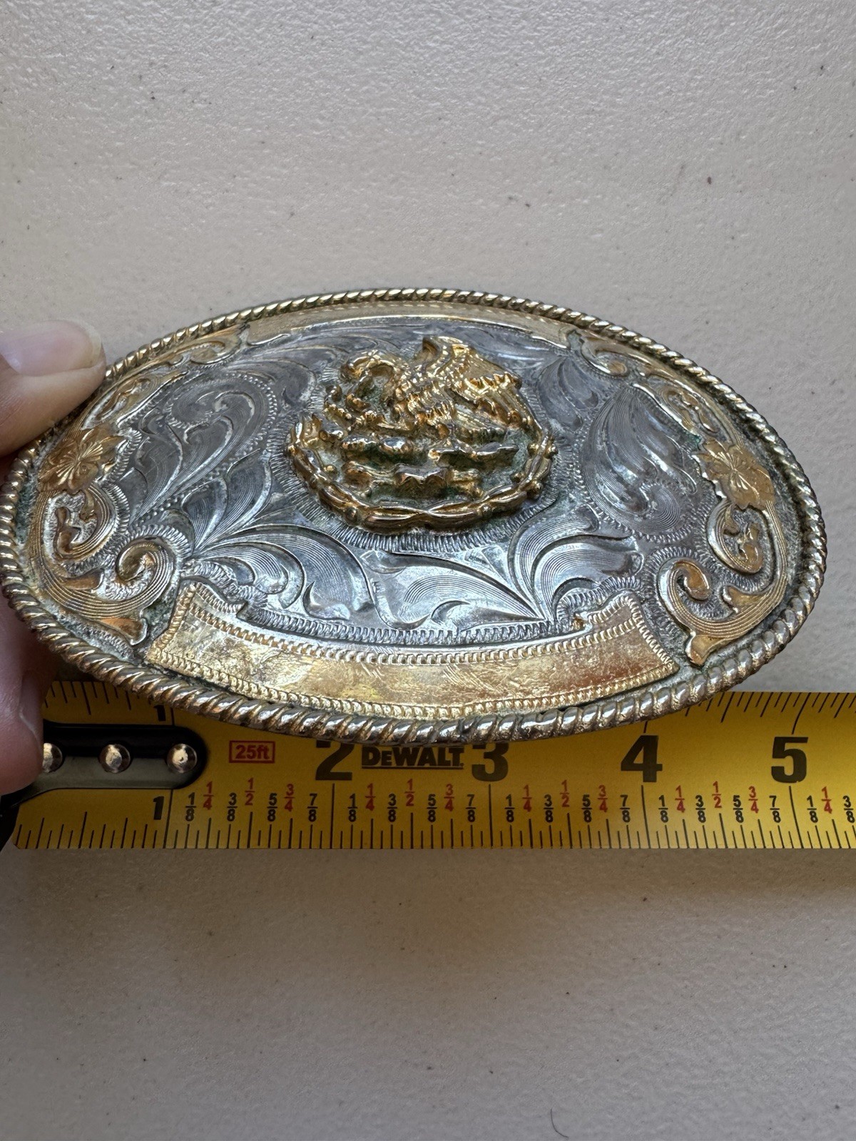 M. K. Mexico Oval Western Floral Engraved Belt Buckle Rope Edge Eagle 1.5in