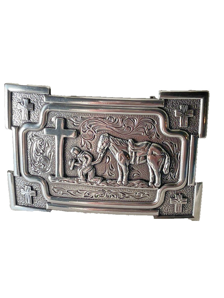 Nocona Mens Belt Buckle 3.5 x 2.5 in Cowboy Horse Cross Western Silver 1.5