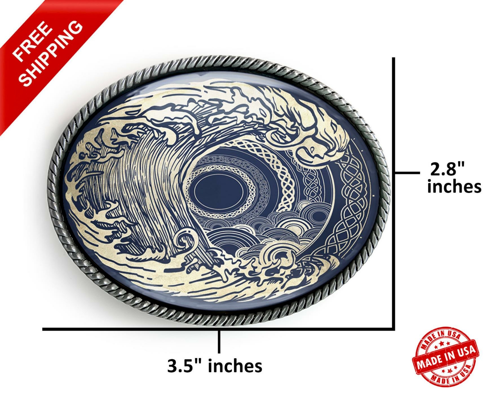 Tsunami Belt Buckle – Ornate Ocean Wave Tattoo Art Handmade Buckle – 33