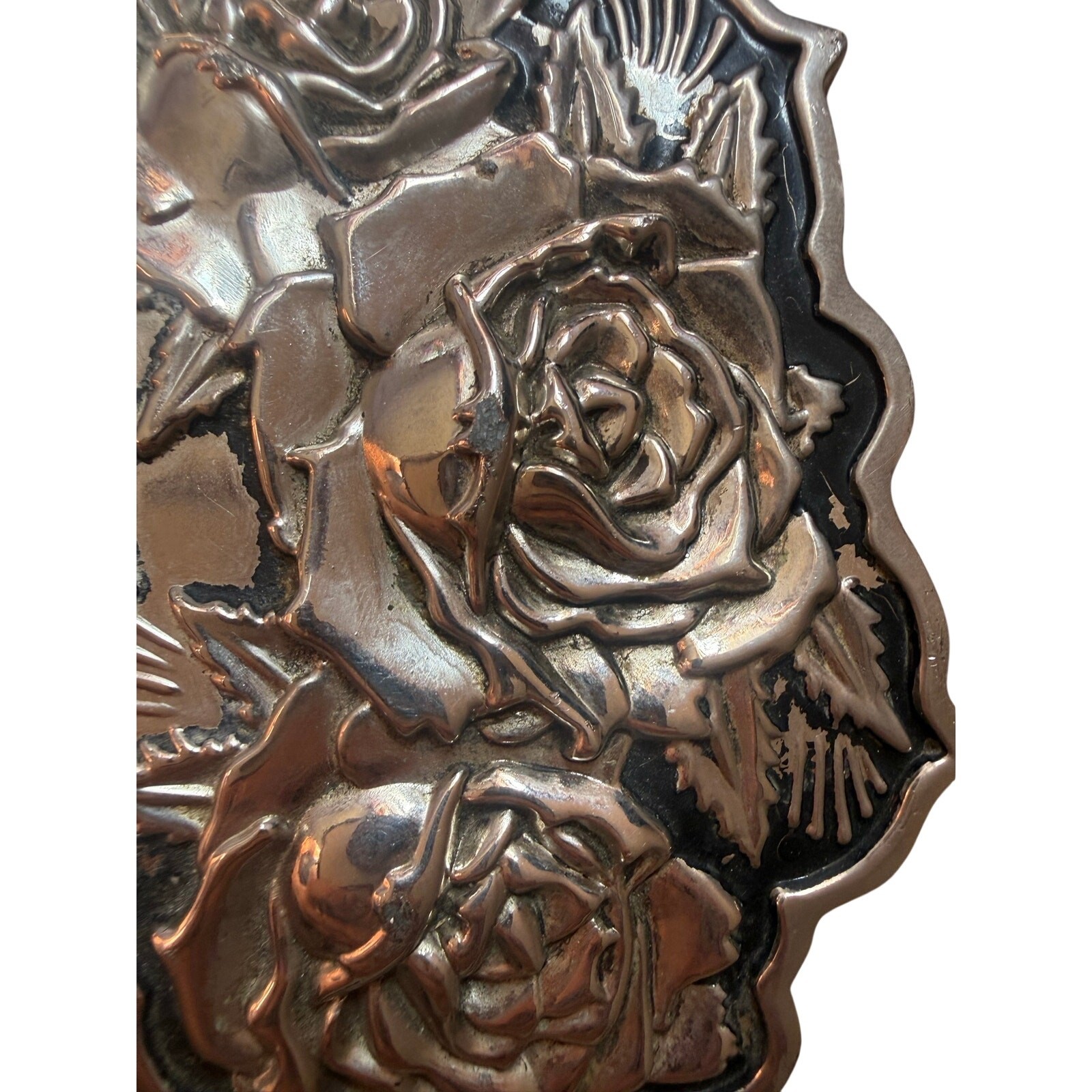 Vintage Famous Stars & Straps Rose Floral Belt Buckle Silver Tone Gothic Emo