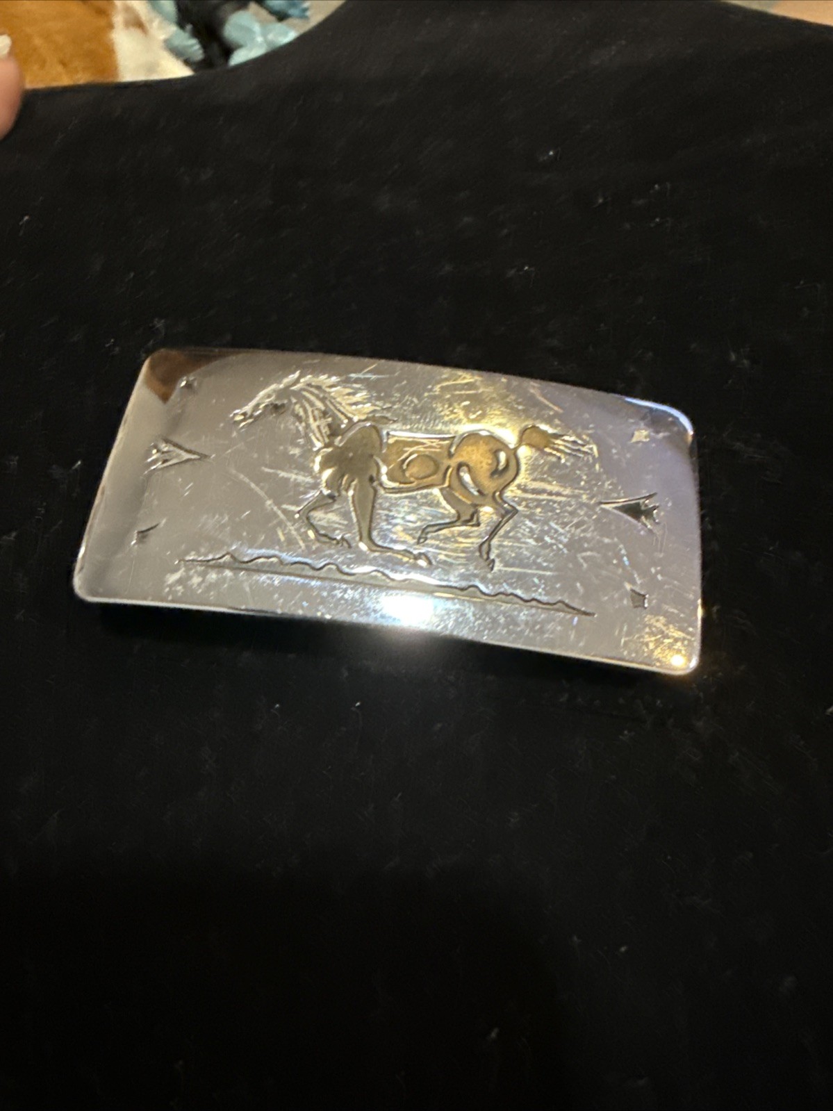 Vintage 70’s Western Style Chambers Belt Buckle with Black Galloping Horse USA🐎