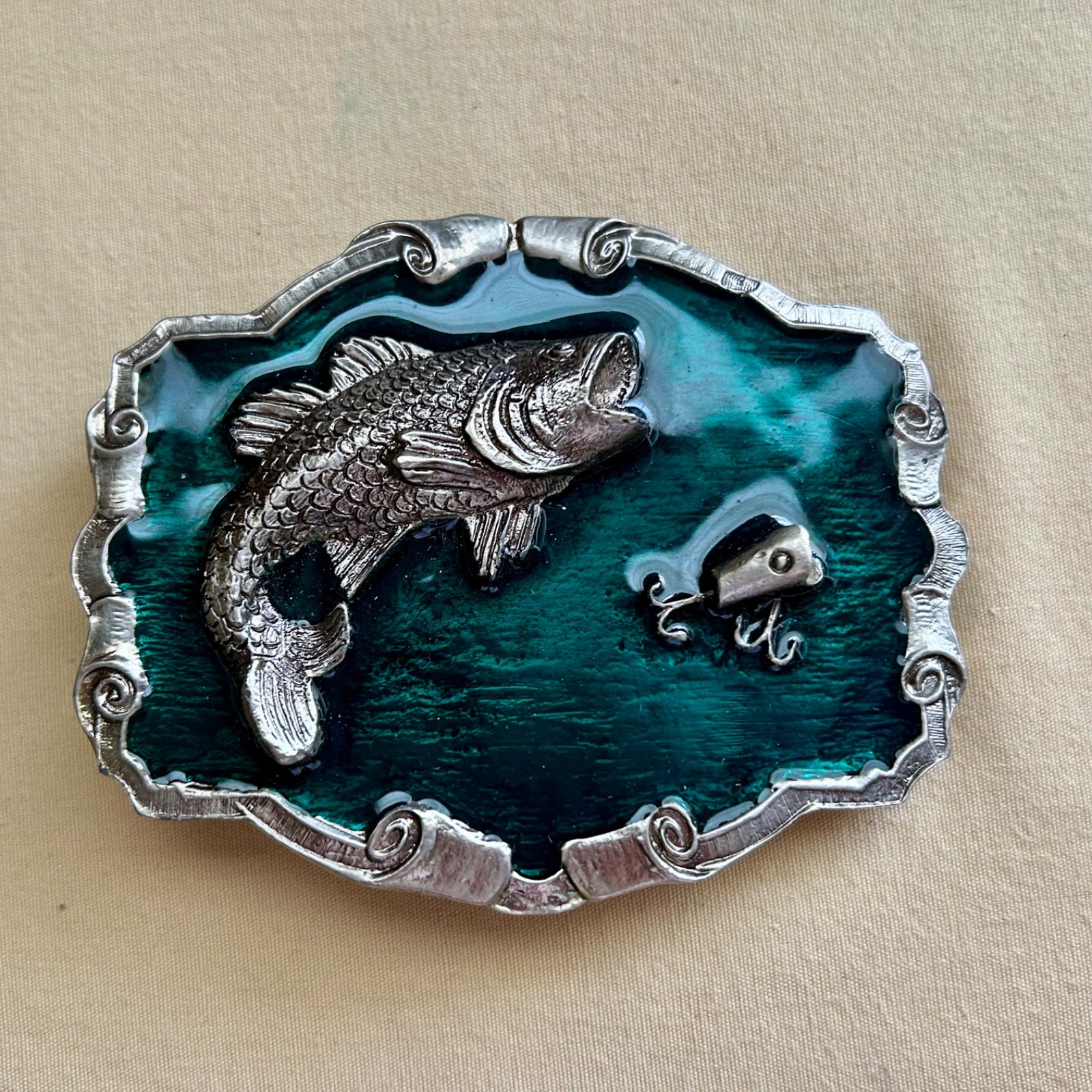 Fish Belt Buckle Green Enamel Metal Largemouth Bass and Lure 2007