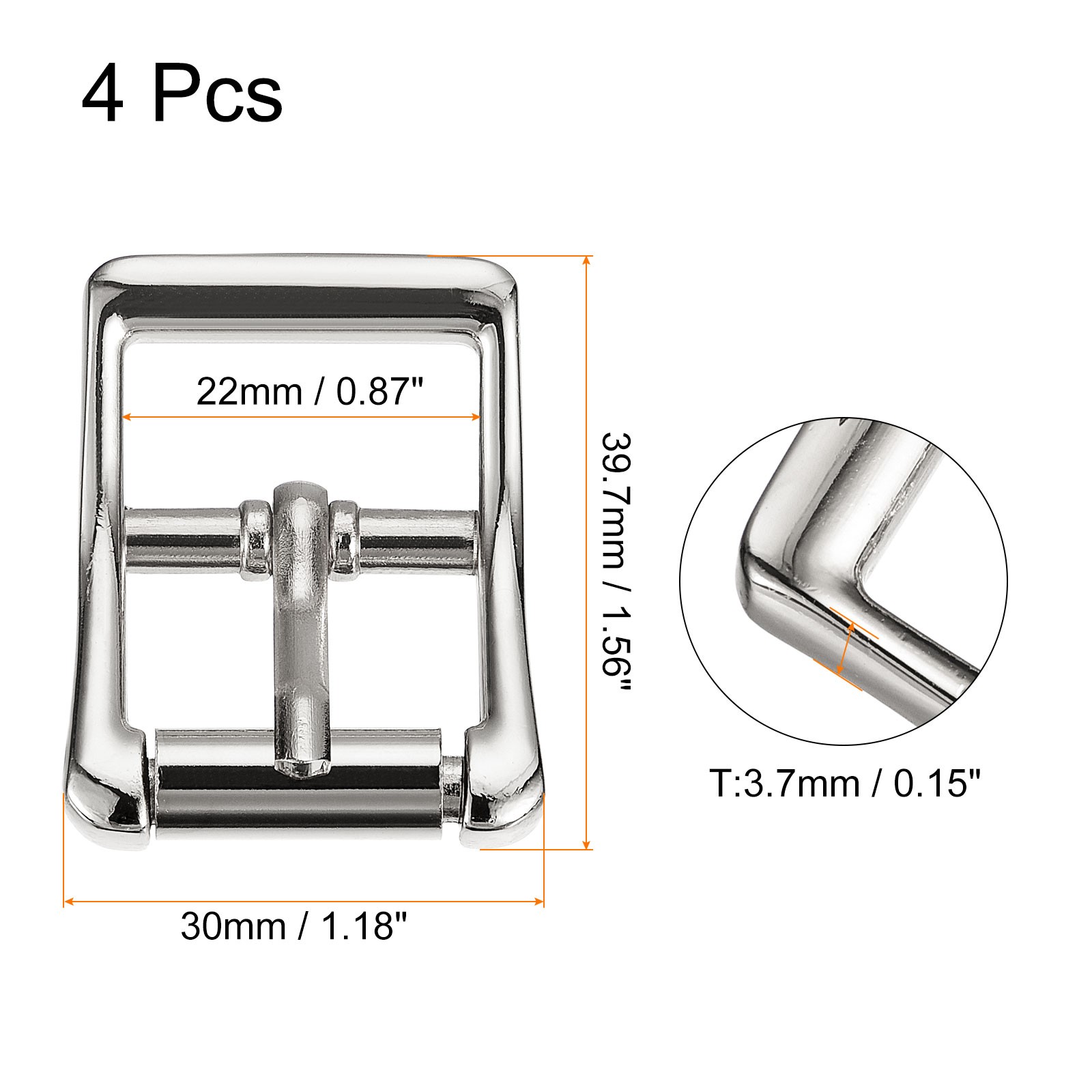 4Pcs 0.87&Prime; Single Prong Belt Buckle Square Center Bar Buckles for Belt Silver