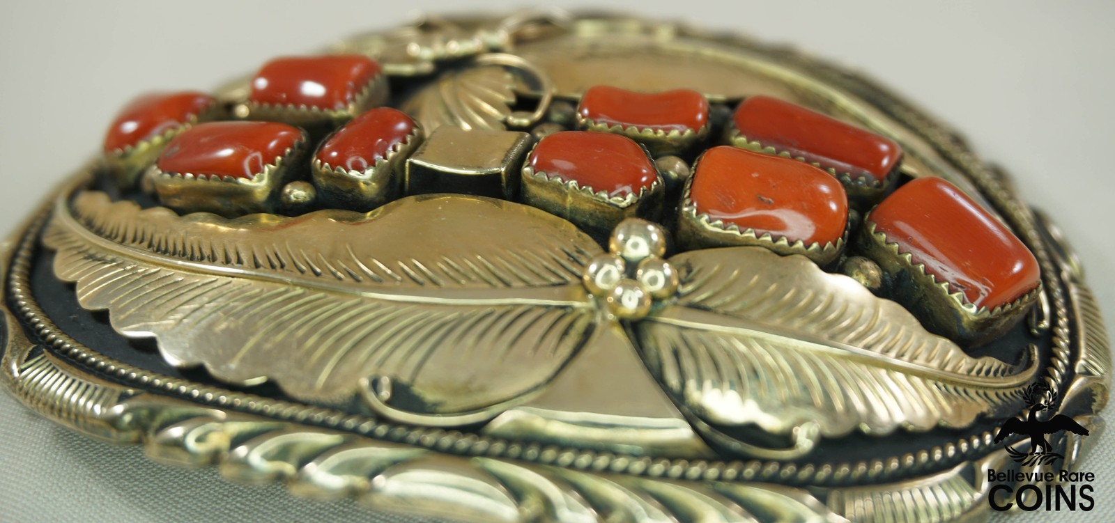 Wilbert Vandever Navajo 14k Yellow Gold & Sterling Silver Red Coral Belt Buckle