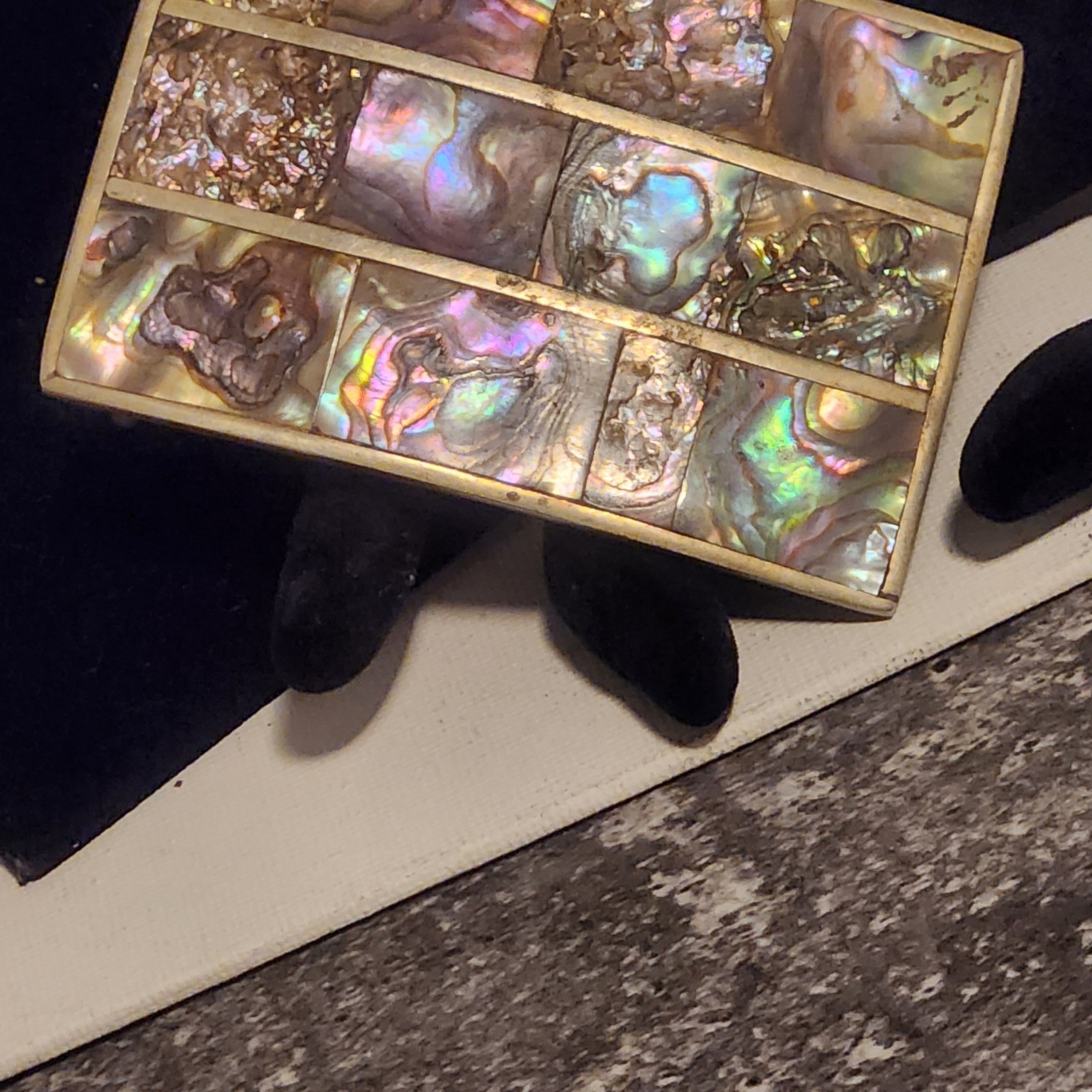 Vintage Hecho en Mexico Alpaca Silver Abalone Shell Mosaic Belt Buckle Rectangle