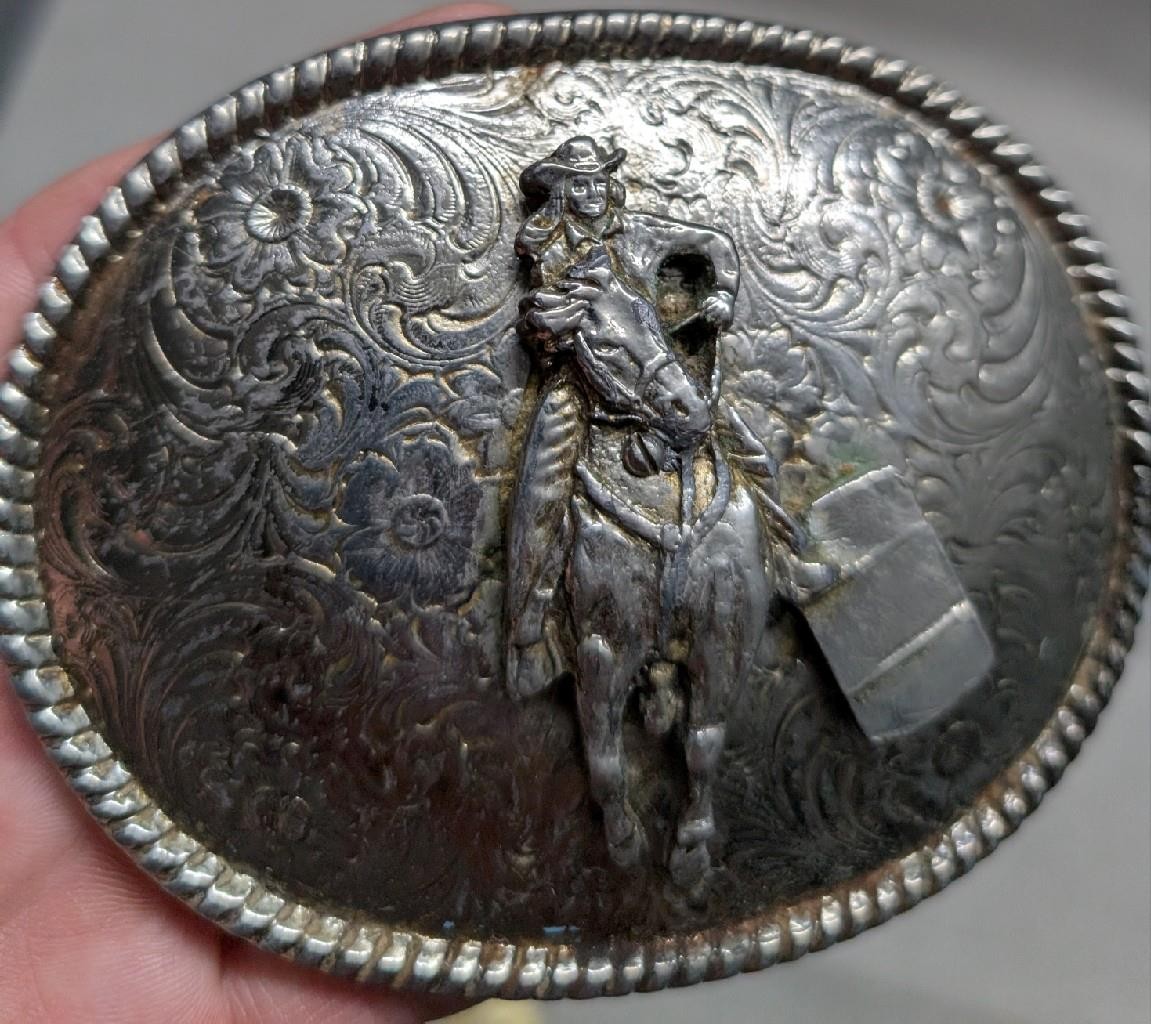 vintage USA made RODEO belt buckle BARREL RACING cowboy cowgirl WESTERN floral