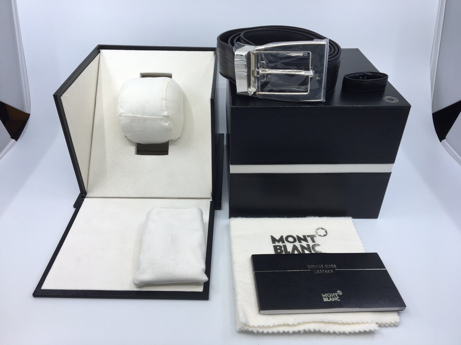 New Authentic Montblanc Sterling Silver Buckle Trapeze Calf Strap Belt