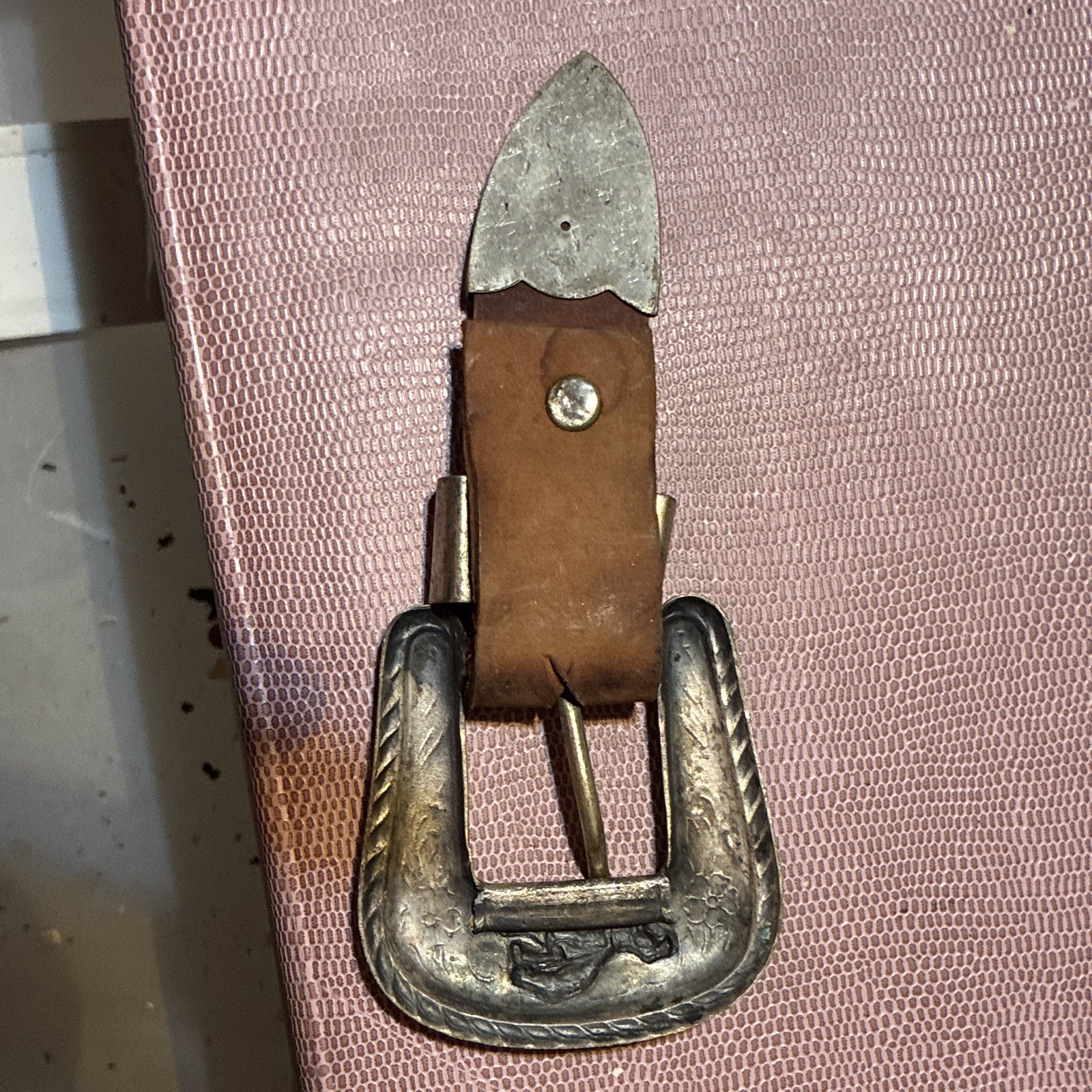 Western Engraved Floral Silver-Tone Buckle w/ Brown Leather Ends, Fits 1&Prime;