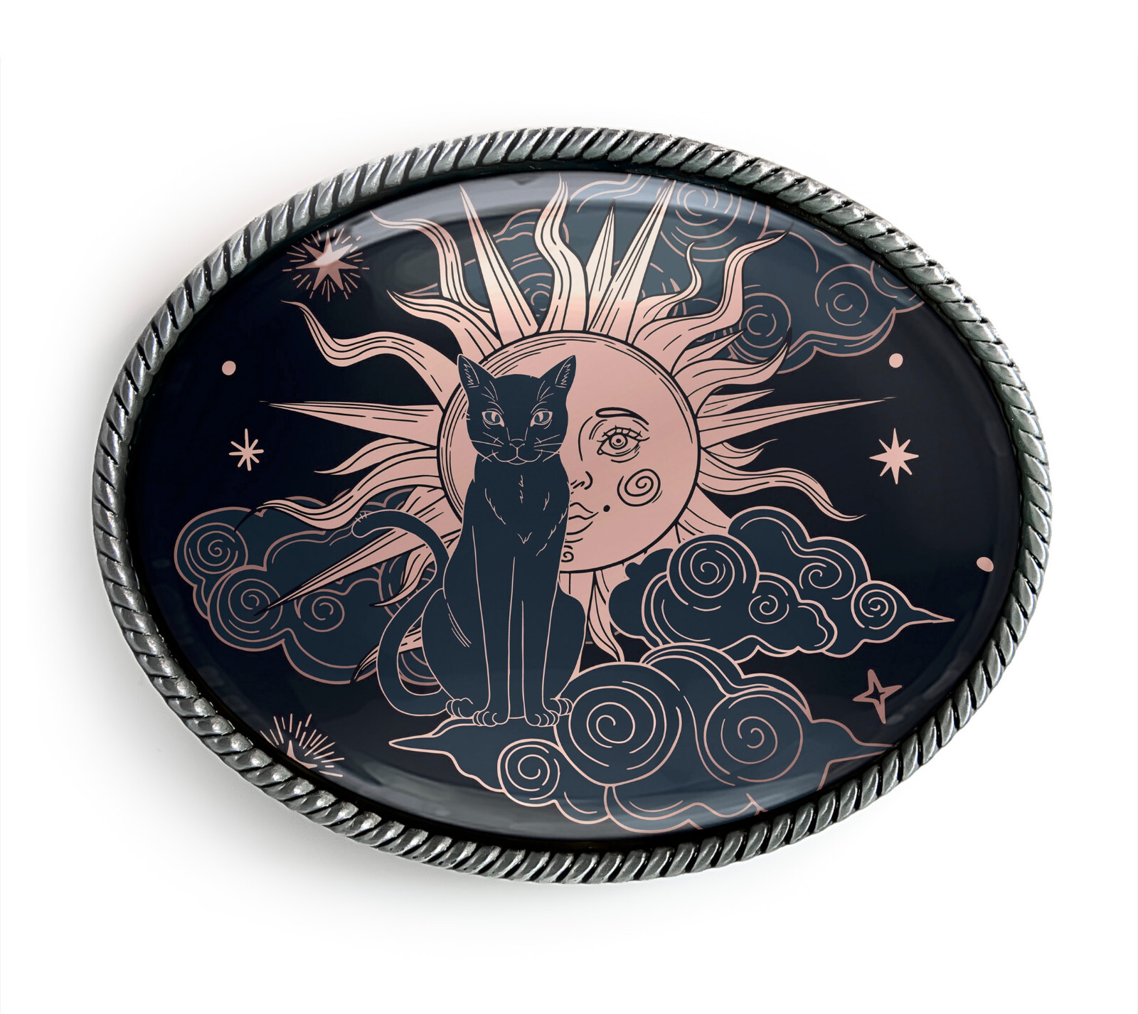 Mystic Cat Belt Buckle – Dark Celestial Sun Art Belt Buckle – 19