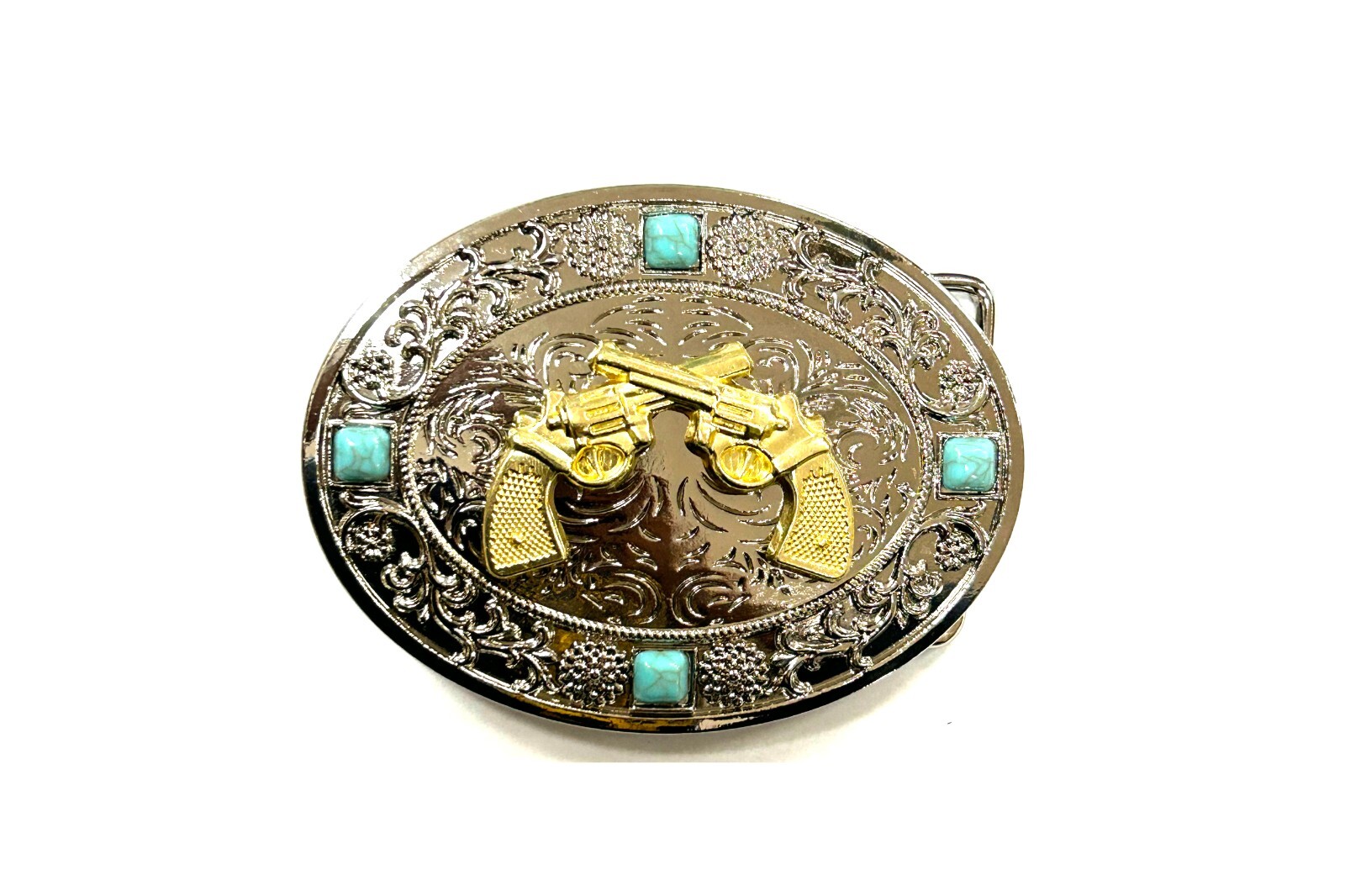 Western Guns Buckle Men Unisex Turquoise Silver Chrome Oval Engraved Fit 2 »
