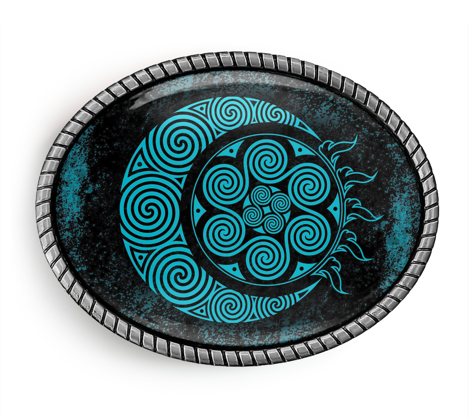 Celtic Grunge Belt Buckle – Blue Spiral Sun and Moon Mandala Belt Buckle – 638-2
