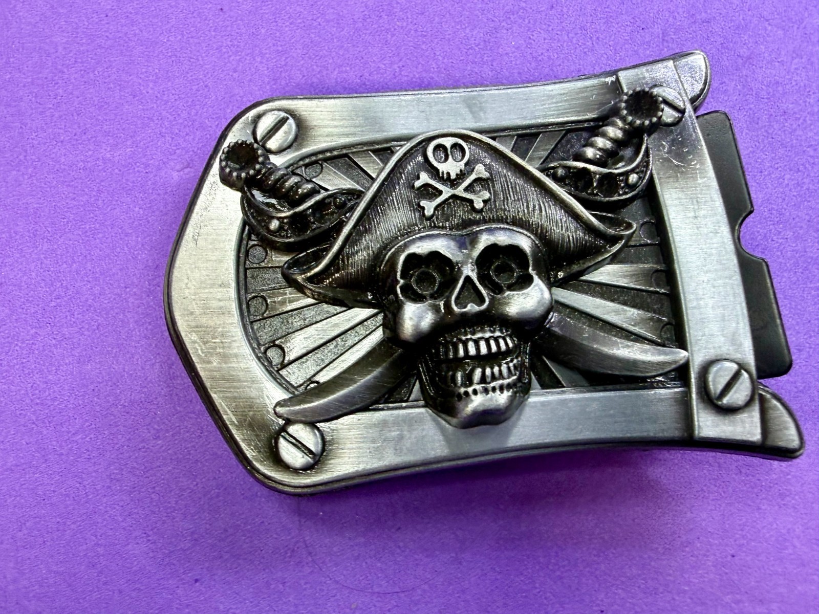 Pirate Skull Crossbones with Crossed Swords 3D Raised Silver Tone Belt Buckle