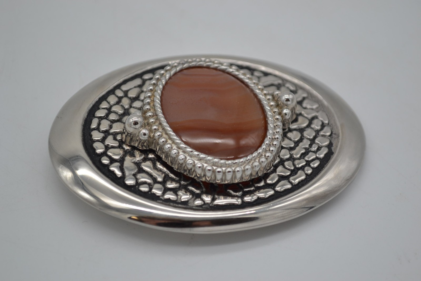 Agate Stone Belt Buckle 3.5 Inch Buckle Large Silver Made In USA Vintage