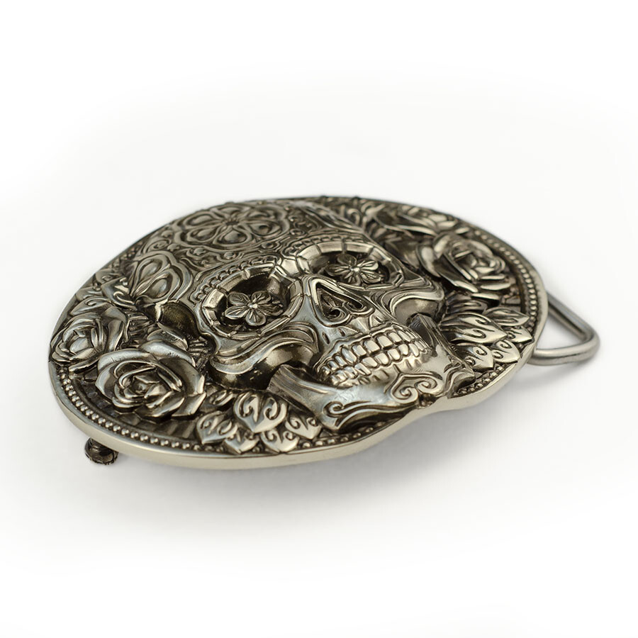 Santa Muerte german silver belt buckle, Skull El Día de Muertos belt buckle
