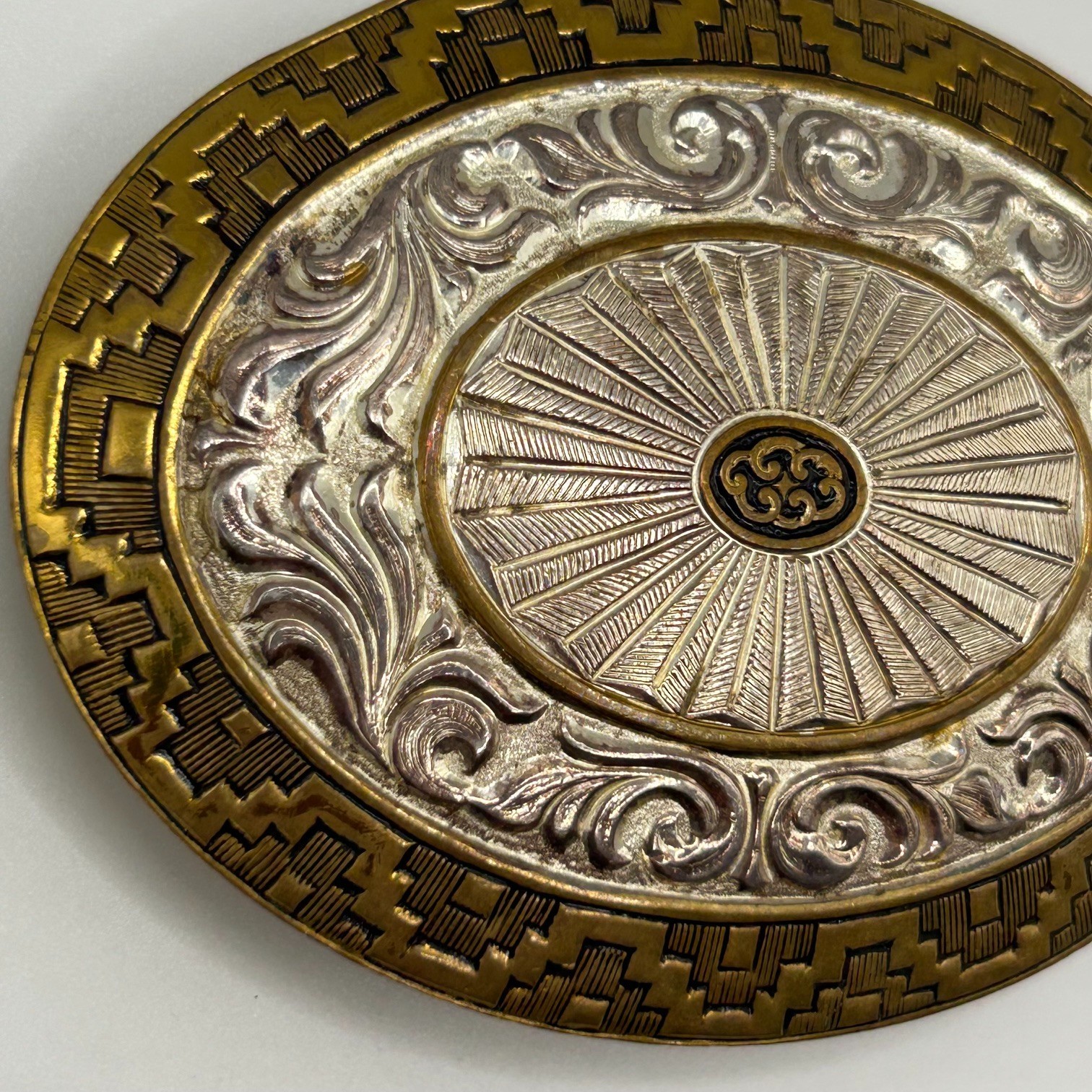 Crumrine Silver Plate Bronze Belt Buckle Sunburst Western Heavy USA Vintage LG