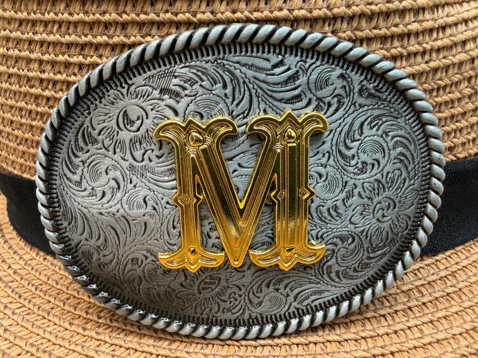 Western Cowboy Antique Engraved Initial M Rope Edge Oval Belt Buckle