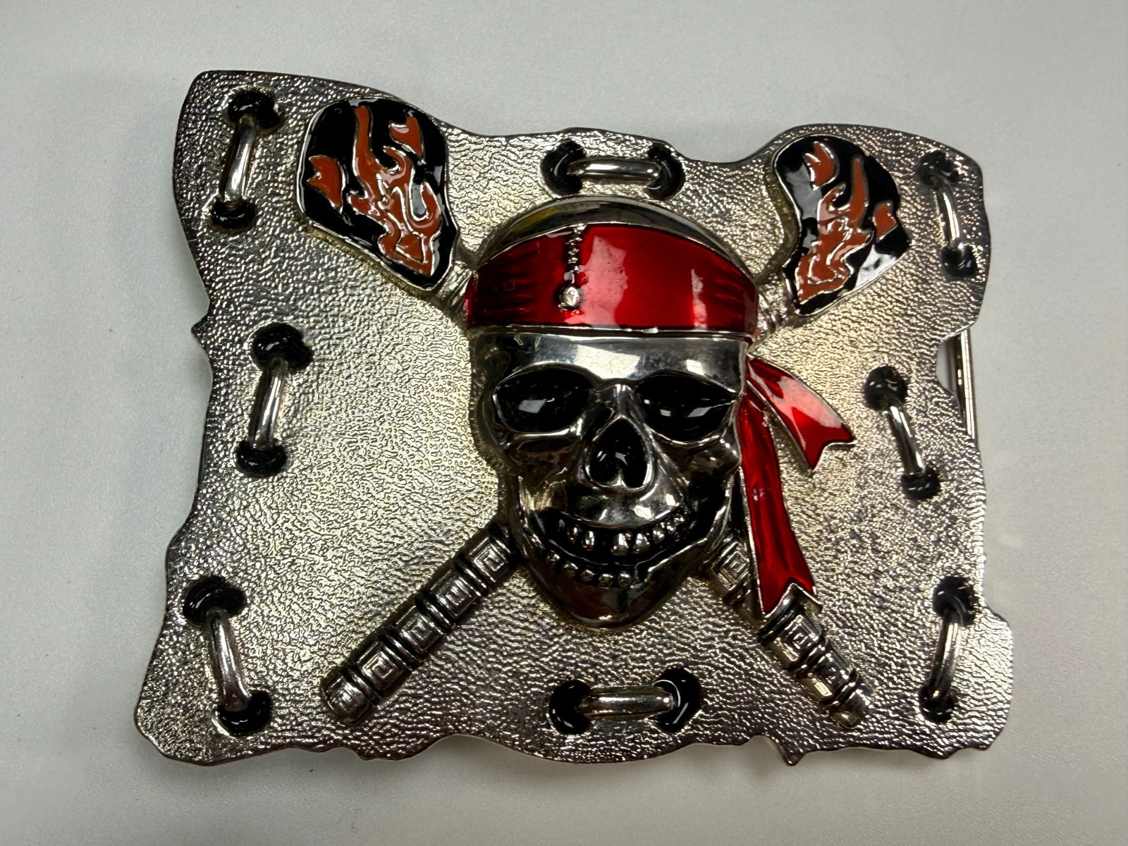 Raised Pirate Skull in Red Bandana Swords Gothic Punk Biker Vibe Belt Buckle