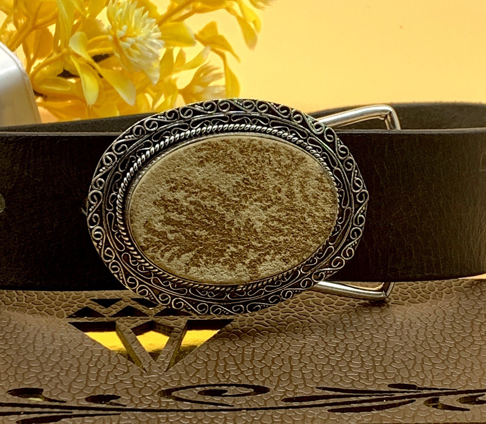 Handcrafted 925 Sterling Silver Fossil Coral Dendrite Stone Oval Belt Buckle.