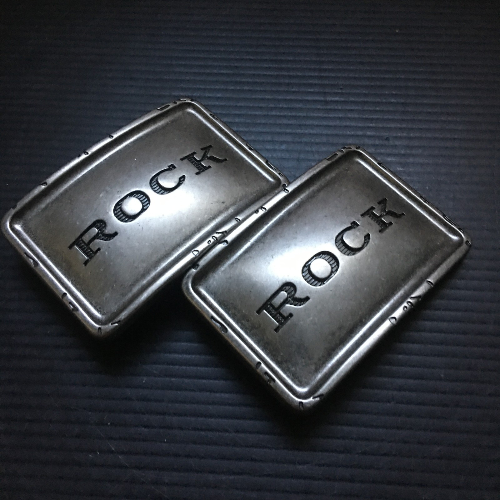 Vintage 1990s Distressed Silver Plate Metal « ROCK » Rectangular Belt Buckle