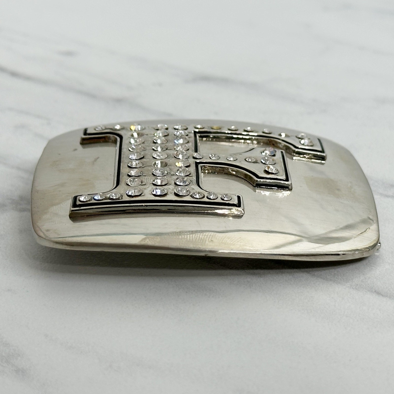 Rhinestone Studded F Letter Initial Monogram Silver Tone Belt Buckle