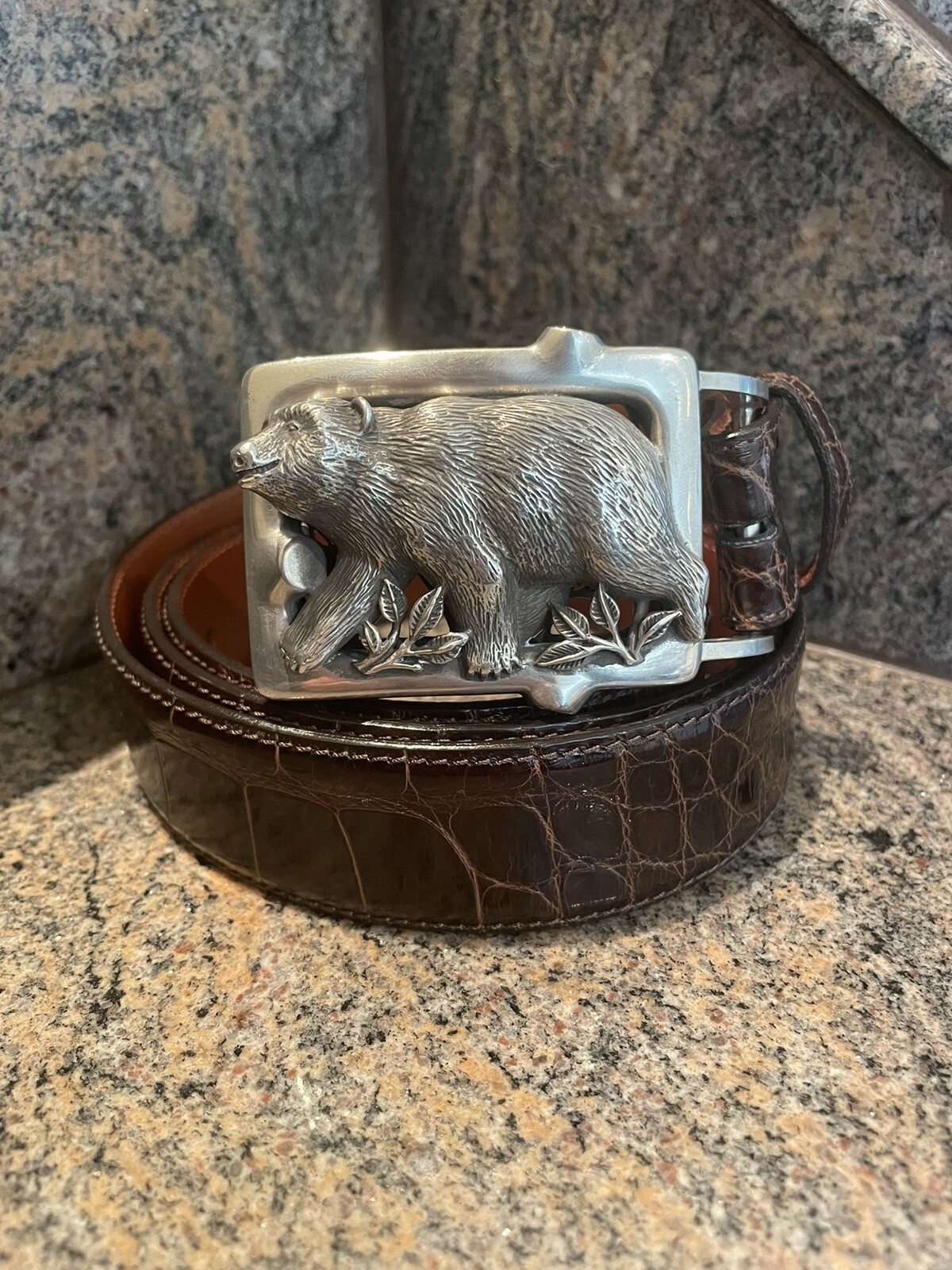 HUGE Kieselstein Sterling Grizzly Bear Buckle W/ Brown Alligator Belt Size 9
