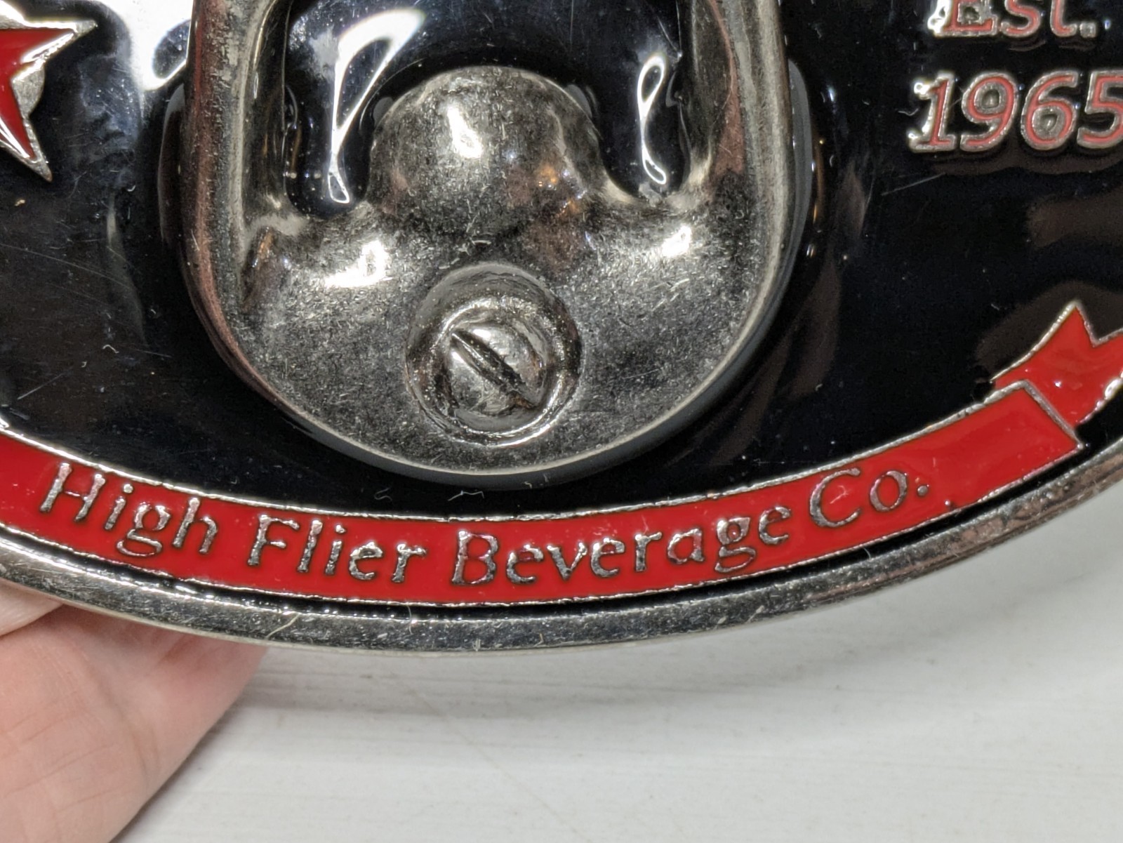 On Tap Belt Buckle Bottle Opener High Flier Beverage Black Red Silver