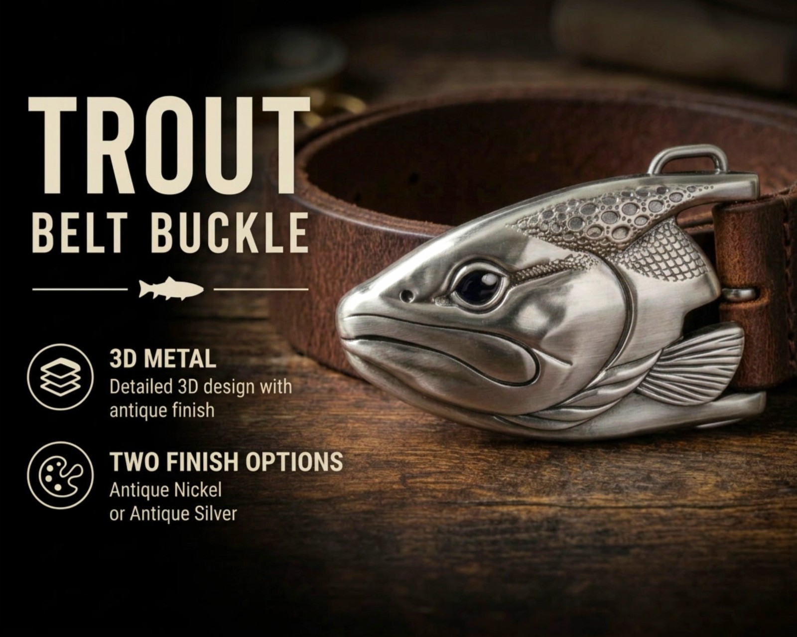 Graywolf Trout‑Head Belt Buckle • Antique Nickel / Silver • 3D Metal Fish Buckle