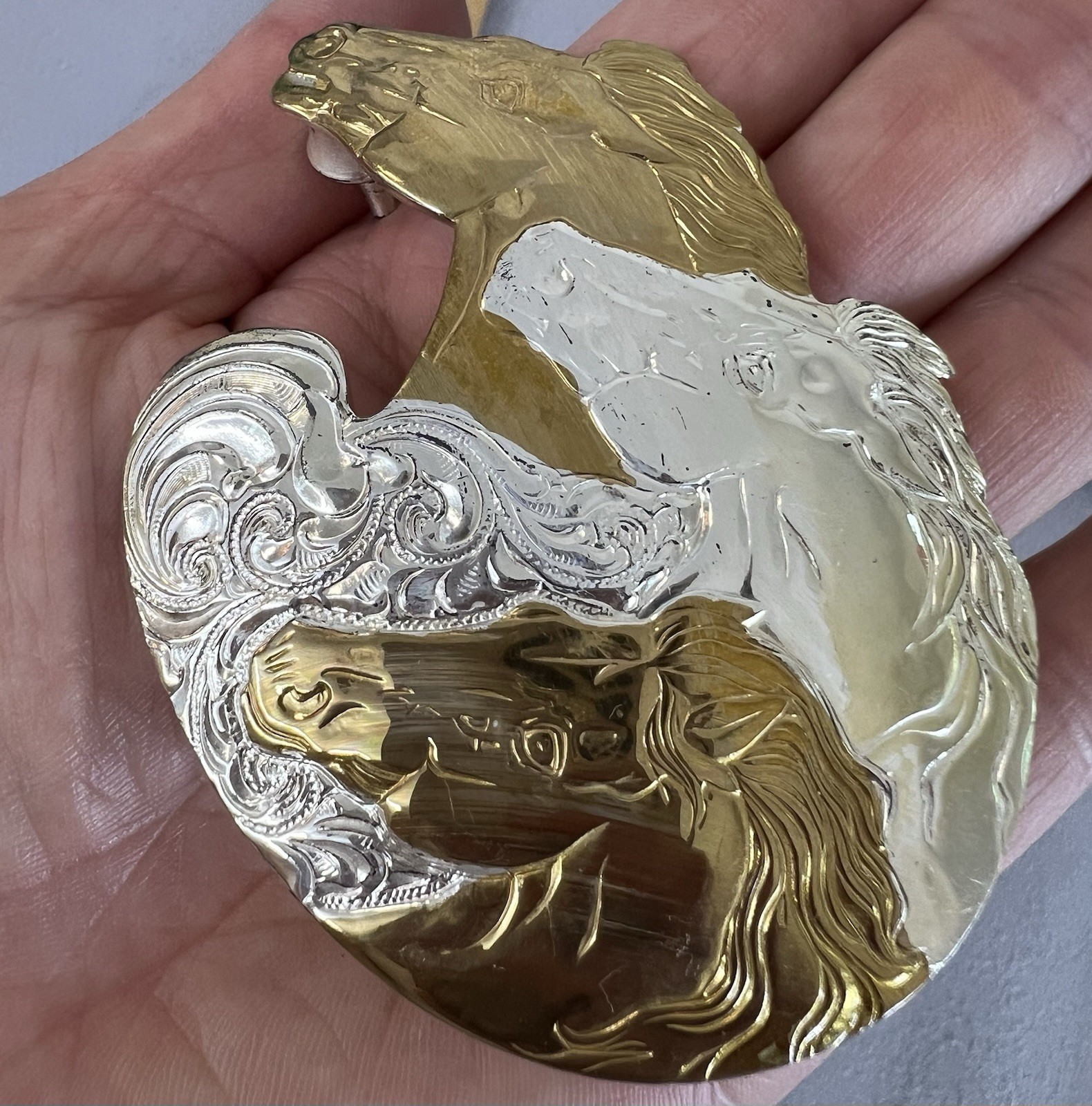 VTG Crumrine 50 YEARS Western Belt Buckle Three Horse Silver Plate on Bronze