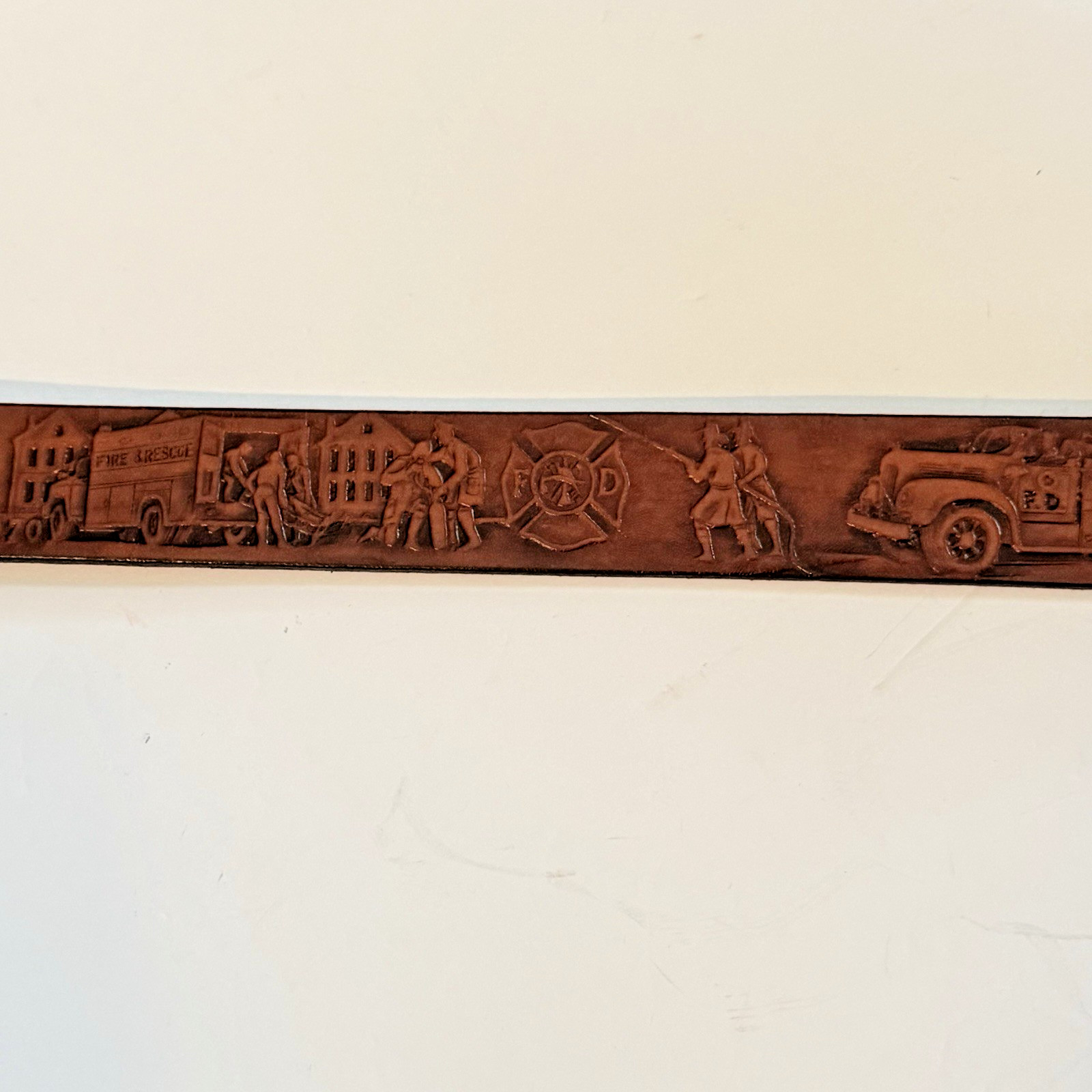 Vintage Dalmatian Belt Buckle W/ Firemen, EMTs & Fire Trucks Leather Belt XL