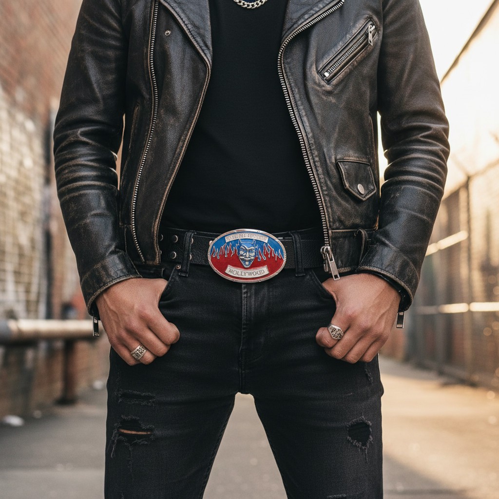 Men Women Silver Metal Buckle Hollywood Fireball Ministry Devil Fire Red Blue