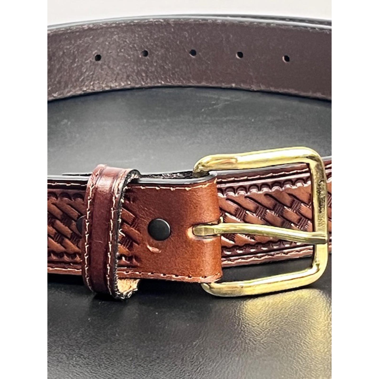 Schmidt Embossed Leather Belt with Brass Gold Buckle Men&rsquo;s Sz 50