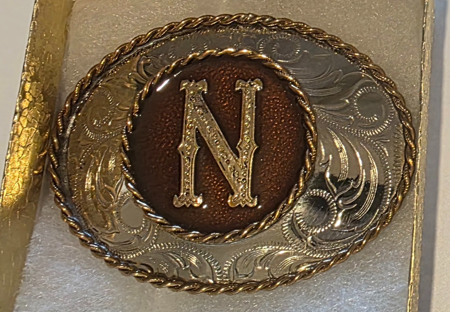 Vintage Metal Belt Buckle, Brass and Enamel, Letter N, Initial N Nice German