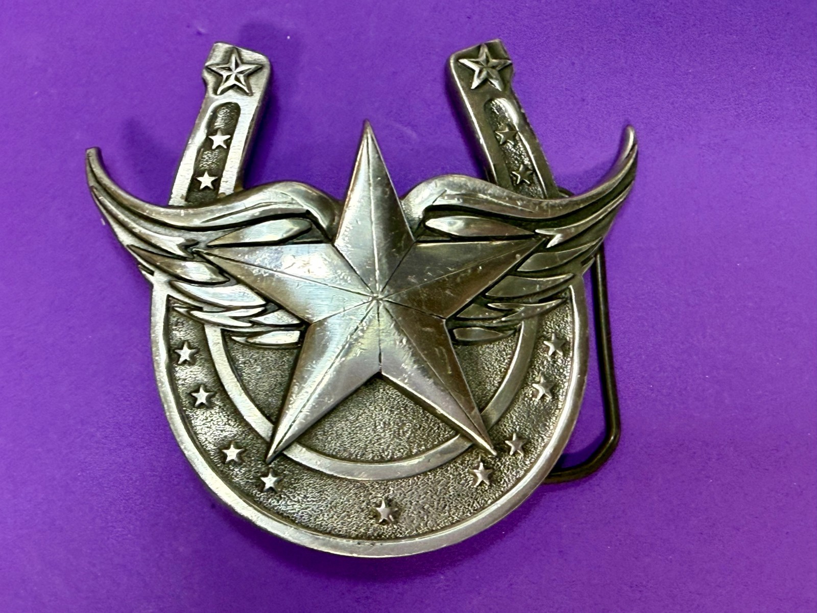 Lucky Horseshoe Winged Star Fine Pewter 2004 Belt Buckle Great American Products
