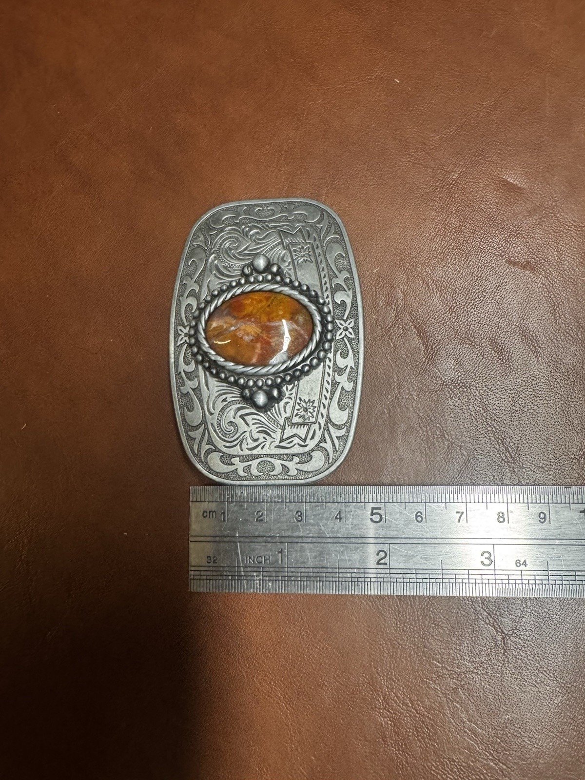 Boho Western Belt Buckle Jasper Stone Silver Tone Engraved Vintage- Rodeo