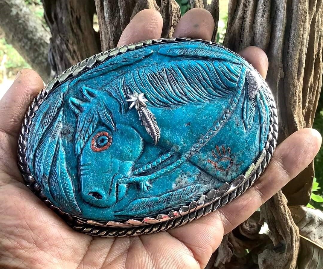 American Vintage Horse Design Sterling Silver Turquoise Coral Belt Buckle