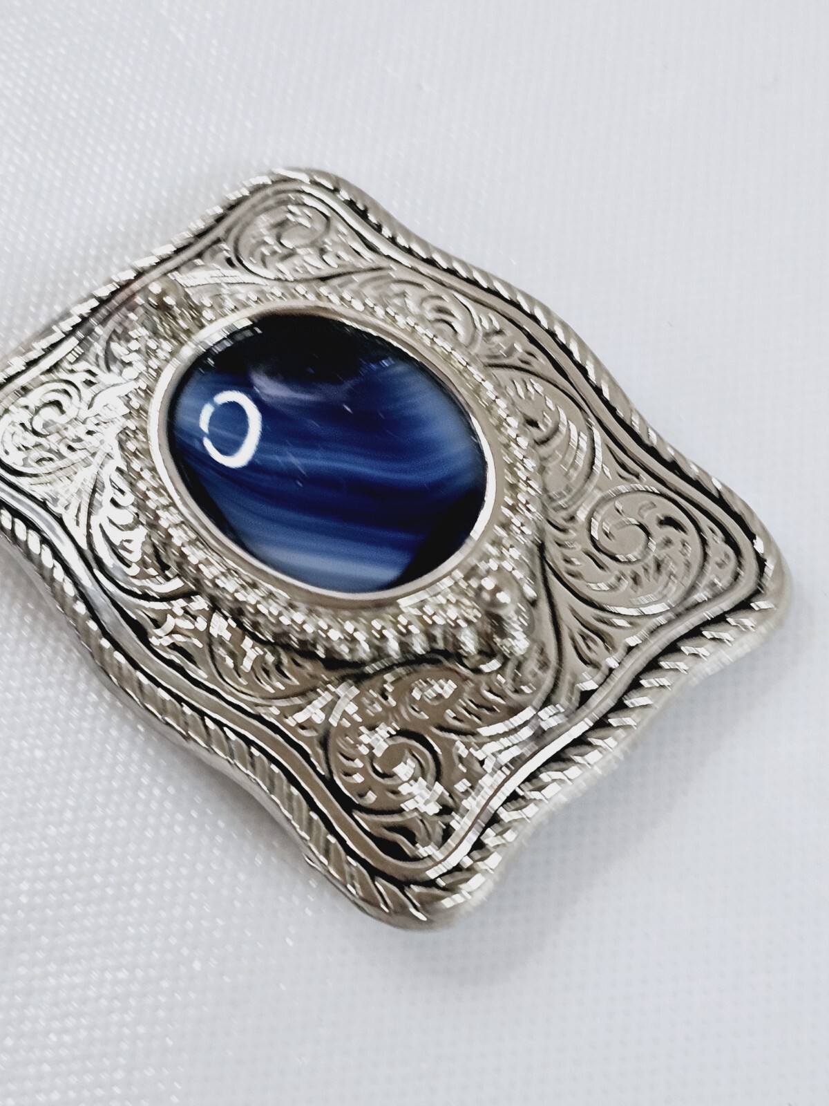Silver Dollar Blue & Silver Western Style Belt Buckle Engraved Made USA