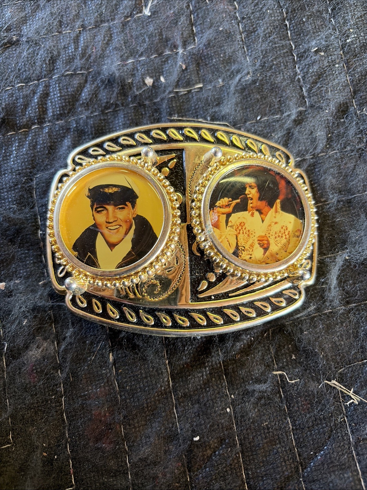 Vintage 1980’S Elvis Presley Belt Buckle Metal Filligree with Photo Made in USA
