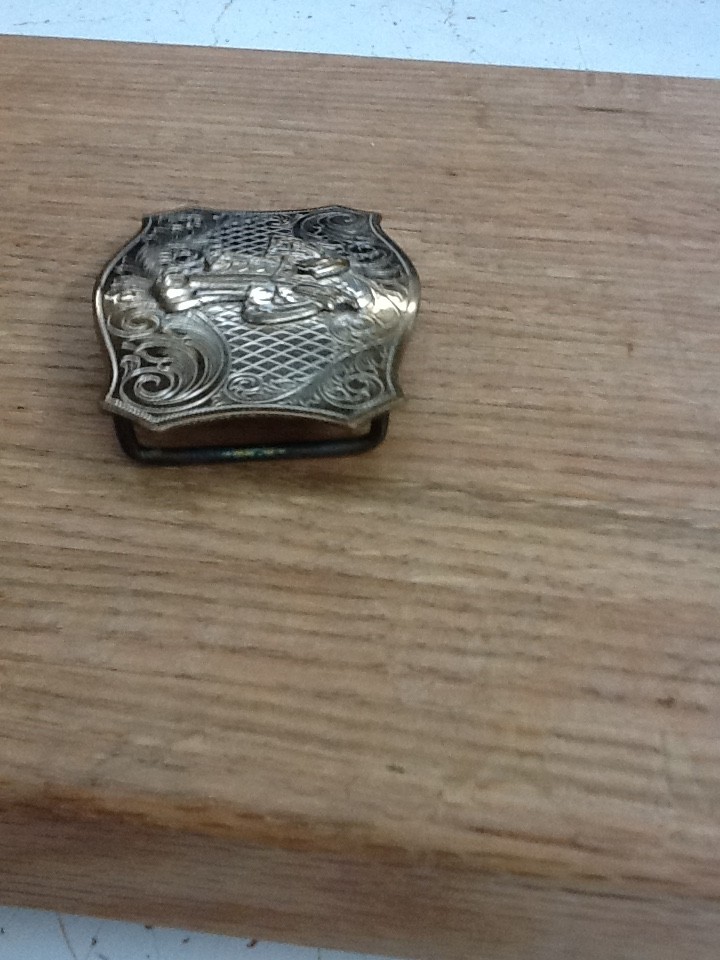 Vintage Western Horse Saddle Belt Buckle Solid Brass Engraved Floral Gold Tone