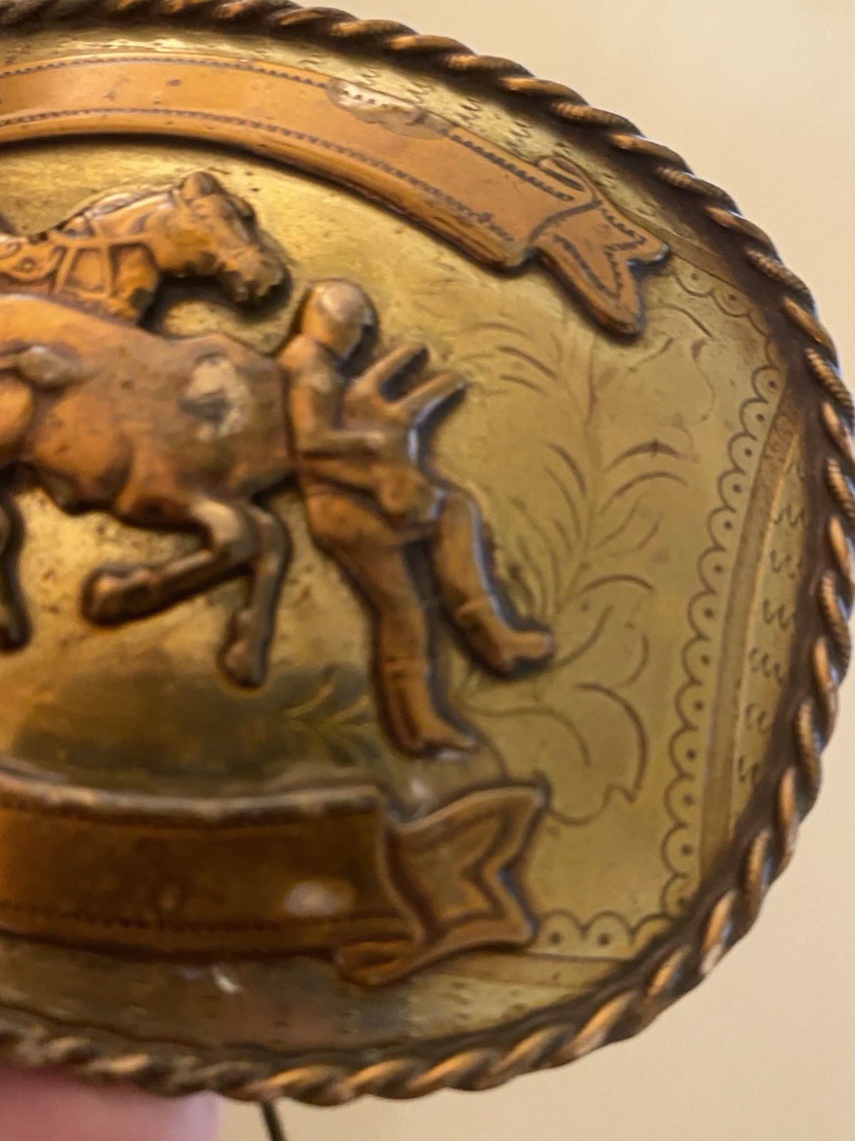Vintage Western Cowboy Calf Roping Bull Rider Rodeo Nickle Silver Gold Buckle